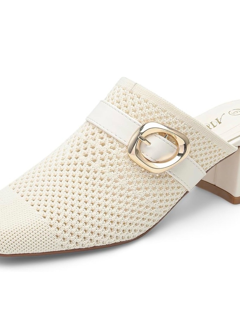 Cream Knit Slip-On Sandal Mule with Gold Buckle
